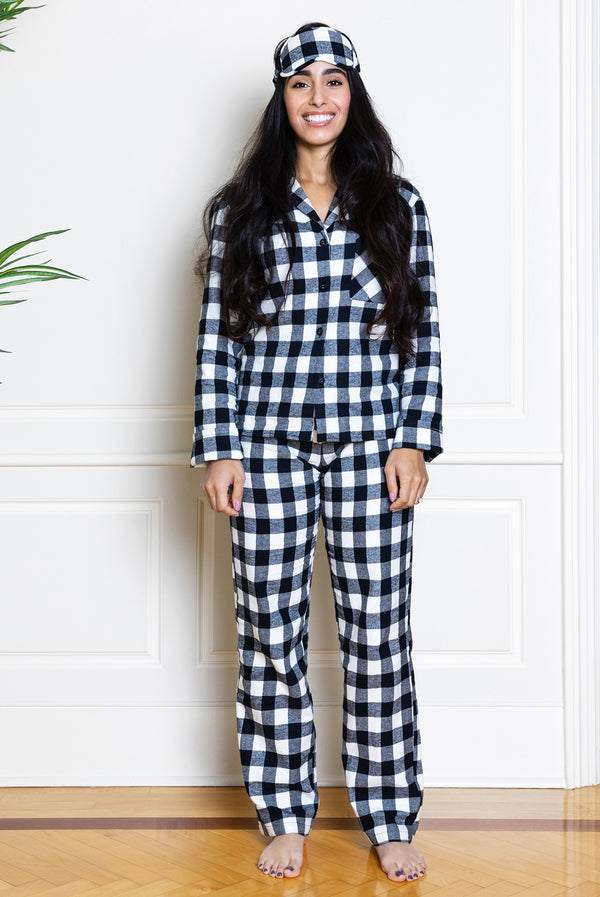 flannel buffalo check pajamas on model from front