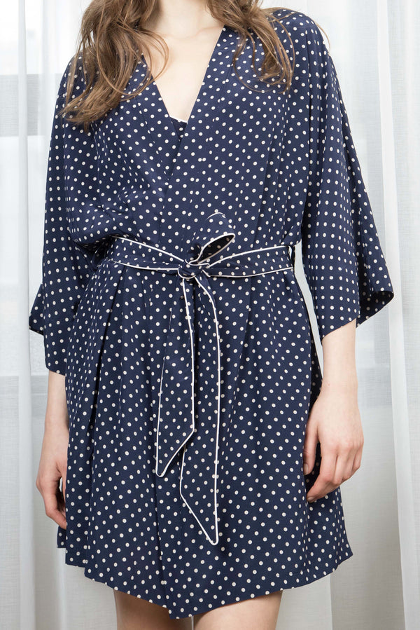 EMMA SILK ROBE - NAVY DOT